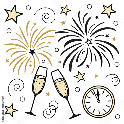 "New Year celebration pattern with fireworks, confetti, champagne glasses, clocks, and stars. Sparkling vector style with gold, black, and white."
