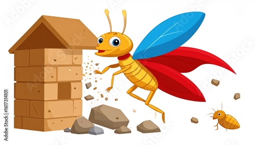 Cartoon Termite Superhero Breaking Brick Structure With Dynamic Action on White Background