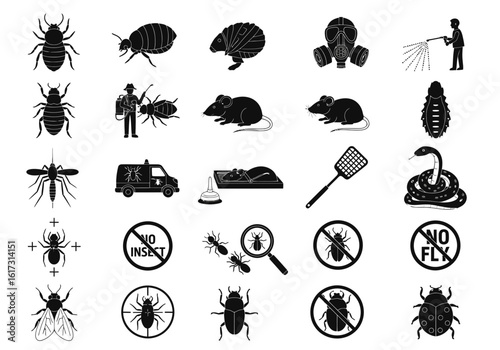 A collection of vector icons depicting pest control, featuring insects, rodents, a snake, and a person spraying pesticide, all in a clean, minimalist style.