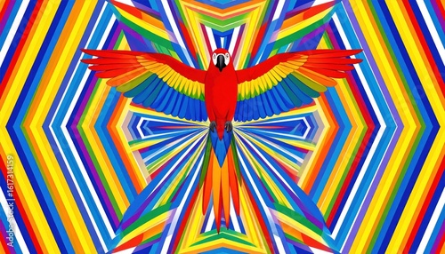 Colorful Macaw with Rainbow Wings against Geometric Abstract Background
