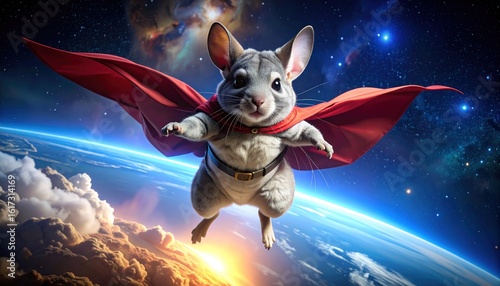 Chinchilla Superhero In Red Cape Soaring Through Space Against A Cosmic Backdrop