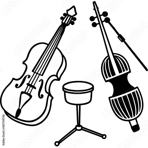 Vector illustration of musical instruments including a cello a viola and a drum