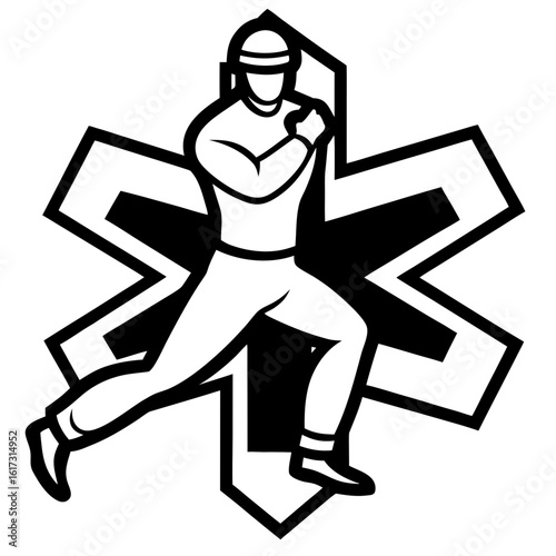 Baseball player batting inside star of life emblem