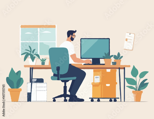 Illustration of a man carrying a box of office items near a desk with a chair, computer, and plant. Modern flat design on a light background. Concept of resignation. Vector .