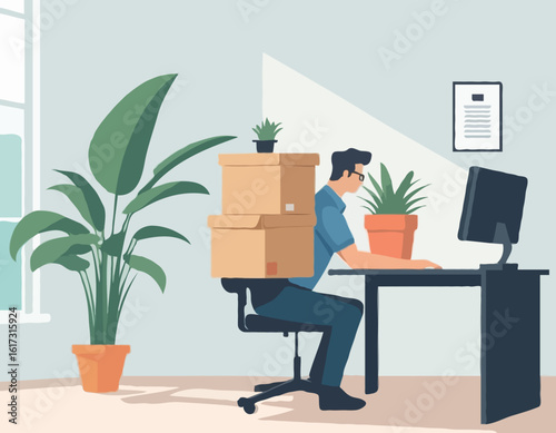 Illustration of a man carrying a box of office items near a desk with a chair, computer, and plant. Modern flat design on a light background. Concept of resignation. Vector .