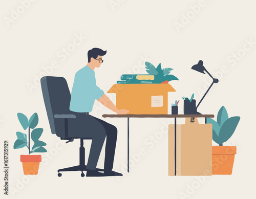 Illustration of a man carrying a box of office items near a desk with a chair, computer, and plant. Modern flat design on a light background. Concept of resignation. Vector .