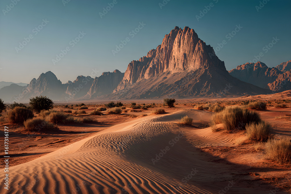 Fototapeta premium Rippled desert dunes under sun with mountain backdrop