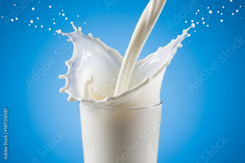 Dynamic Pour of Fresh Milk Creates a Crown Splash in a Glass Against a Blue Sky