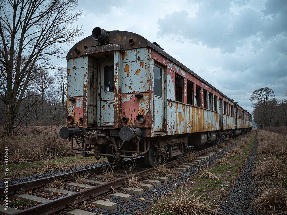 Fototapeta premium A weathered cargo train rests near a timeworn station, styled with afternoon light and aged textures.