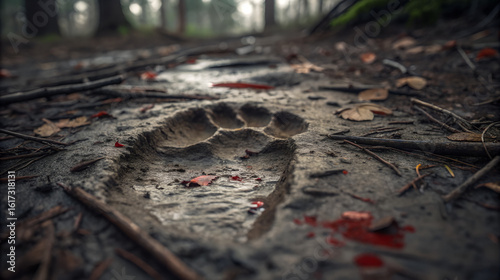 Large animal footprint impression in muddy forest trail with fallen leaves