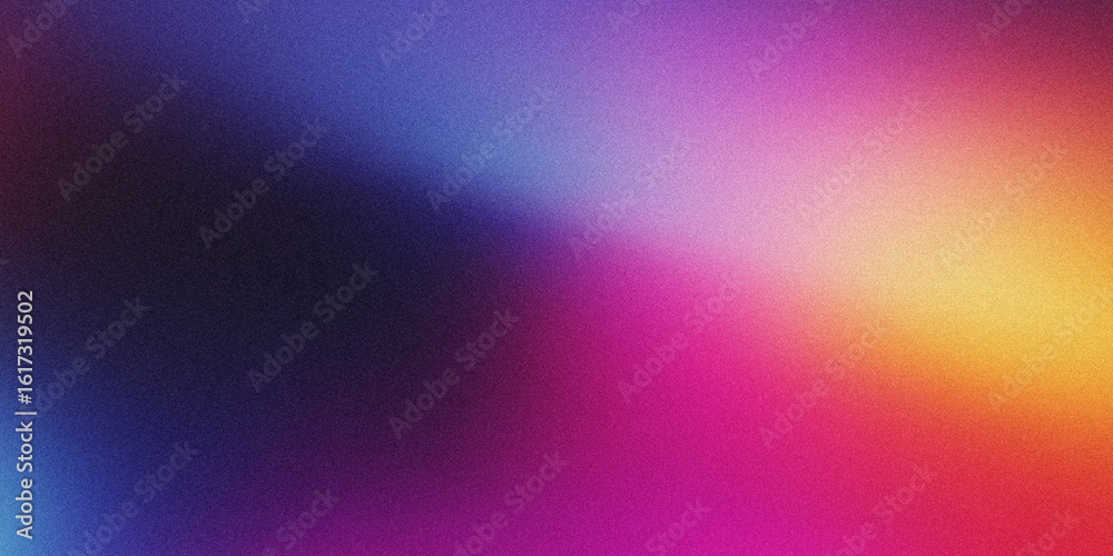 Fototapeta premium Vibrant abstract background with grainy texture, featuring a smooth gradient blend from deep blue and purple to warm pink, orange, and yellow tones. Ideal for creative and commercial design.