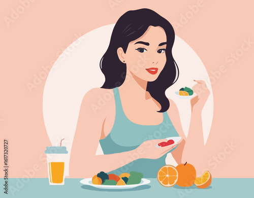 Intermittent fasting woman. Girl with proper diet and nutrition. Active lifestyle and healthy eating with vitamins. Intuitive eating for weight loss. Flat vector illustration isolated on .