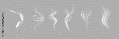 Realistic white cloud or fire smoke in the sky and vector weather element on transparent background. Chimney smoke, fog wave or cloud pattern with overlay effect.