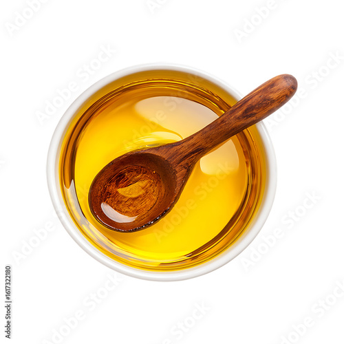 A wooden spoon rests in a white bowl filled with golden yellow liquid oil or honey isolated on transparent background