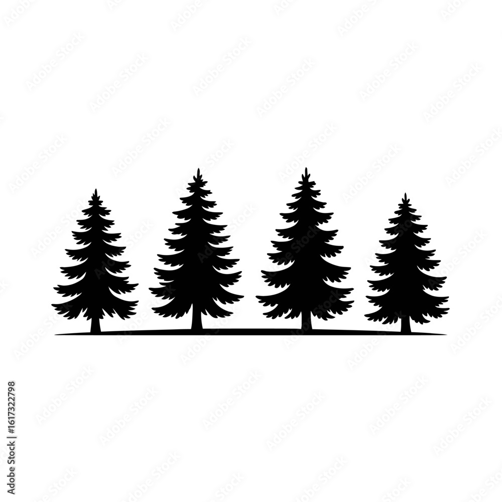 Fototapeta premium Silhouette of four pine trees isolated on white background