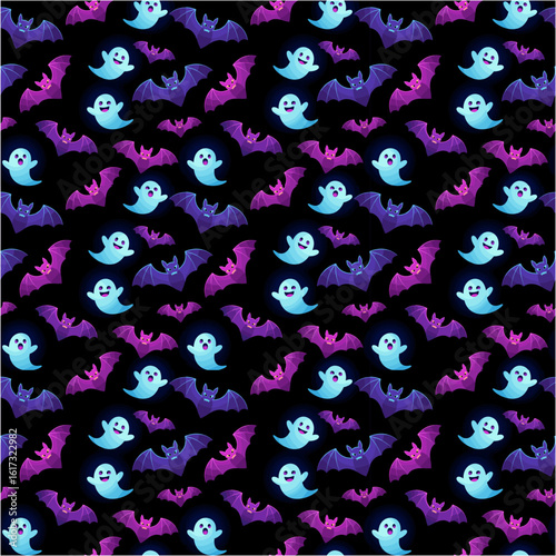 Halloween seamless pattern with ghosts and bats on black background