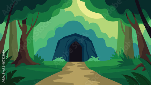 Mysterious cave entrance hidden within a lush green forest