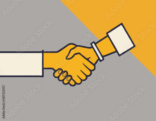 Two hands shaking in grayscale cutout style with abstract design elements on a yellow background, symbolizing partnership, trust, and cooperation. Vector .
