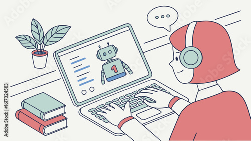 A customer is using a laptop to interact with a chatbot, representing online support and artificial intelligence in customer service