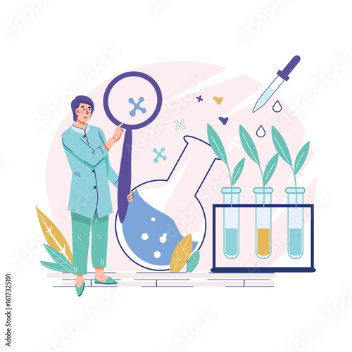 Scientific research in biotechnology with a biologist studying plant modification. Vector concept of a laboratory, experiment, and discovery.