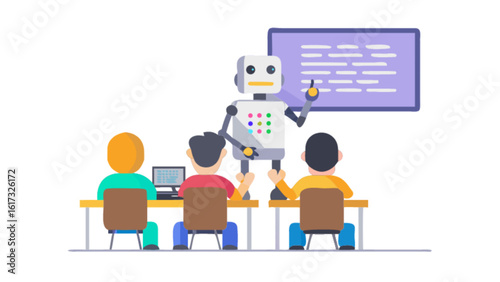 A robot is teaching students in a classroom, demonstrating the integration of artificial intelligence in education and the future of learning