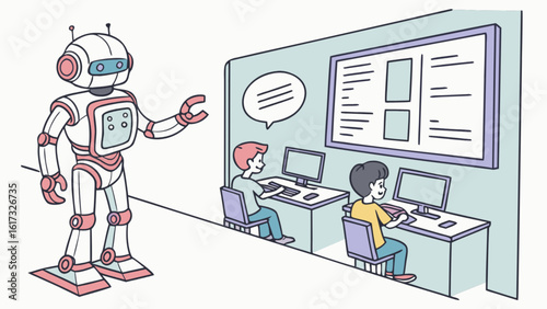 A friendly robot teaches children how to code in a modern classroom setting