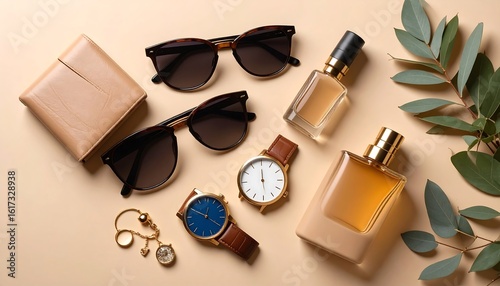 Sunglasses perfume watches and wallet arranged on beige surface with green leaves flat lay