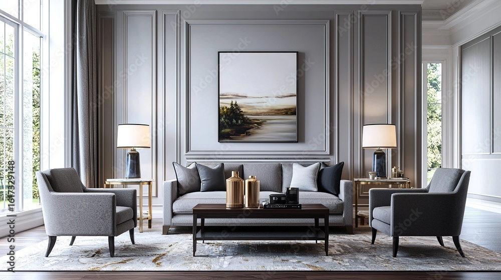 Fototapeta premium Elegant living room with classic gray tones, plush seating, side tables with lamps, and an abstract landscape painting, featuring large windows and sophisticated wall paneling.