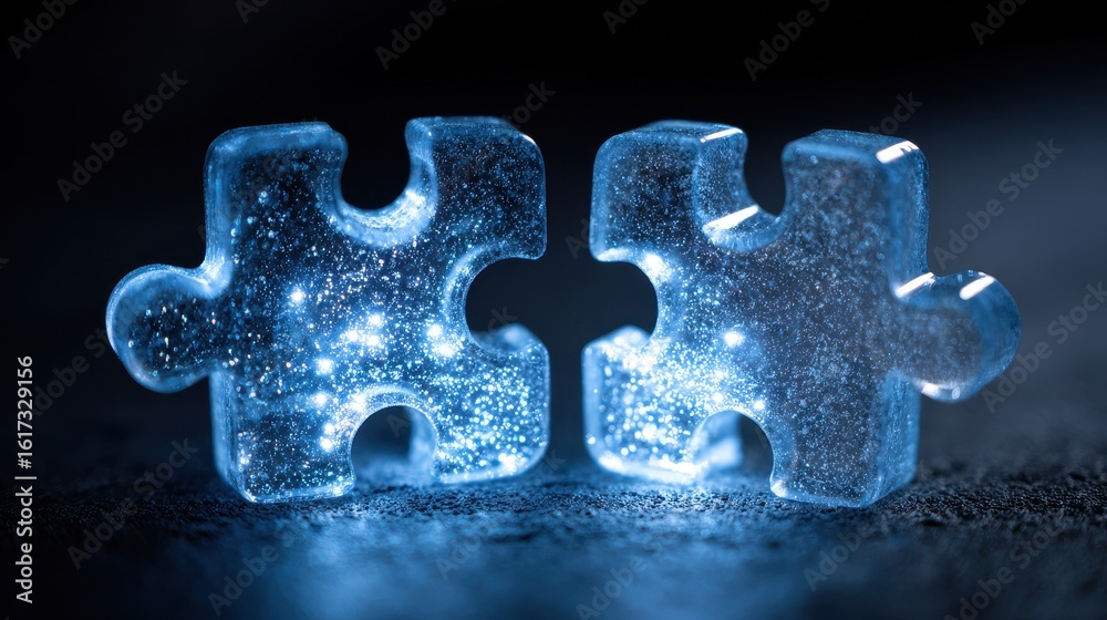 Fototapeta premium Two transparent blue puzzle pieces with glowing particles connect against a dark background