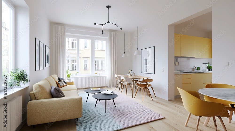 Fototapeta premium Bright modern living and dining area with minimalist furniture, light wood flooring, large windows, and neutral tones creating an airy, cozy atmosphere.