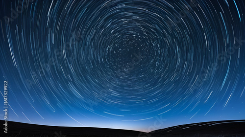 Black silhouette of grass under the night sky with a lot of stars trails. Blue dark night sky with stars moving across the polar pole in the sky. Photographic effect with time lapse.