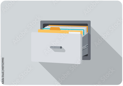 Flat design icon of an open file cabinet drawer filled with folders and documents, symbolizing data storage and organization.