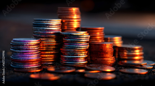 Glowing stacked coins, copper and gold money piles on dark background. Finance savings concept, wealth investment PNG