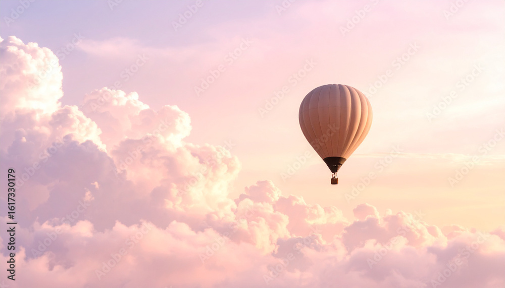 Fototapeta premium Dreamy pastel colored sky with fluffy, cotton candy clouds and a silhouetted hot air 