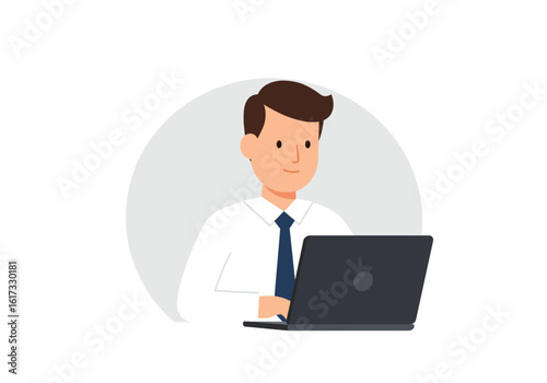 Young businessman character working on a laptop computer. Office worker or manager avatar icon. Flat vector illustration.