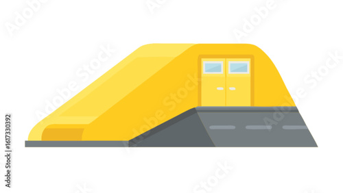 A yellow underground shelter with a ramp and double doors, isolated on white background, designed for emergency safety and protection