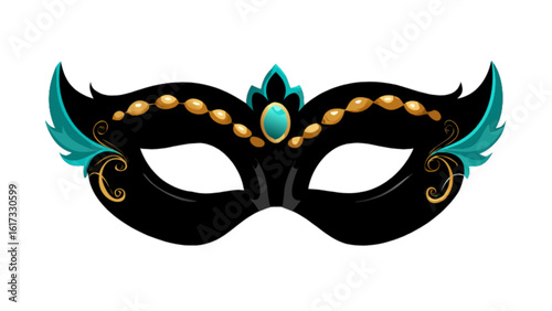 An elegant black masquerade mask with decorative jewels, isolated on white background, exudes sophistication and mystery, ideal for carnival balls and theatrical events