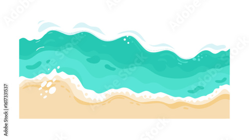 An aerial view of a beach with waves gently lapping the shore, creating a serene and inviting tropical summer scene