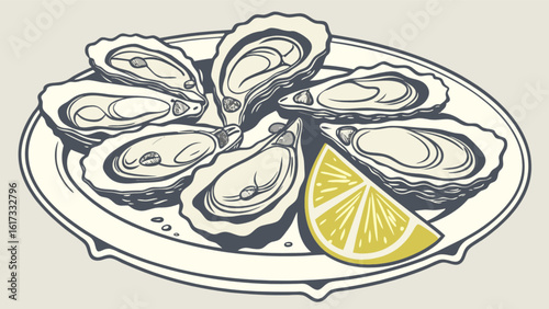 A plate of fresh oysters served with lemon wedges, showcasing a gourmet seafood dish in a restaurant setting