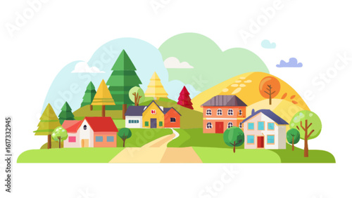 A charming village landscape featuring colorful houses nestled among trees and hills, creating a peaceful and picturesque countryside scene