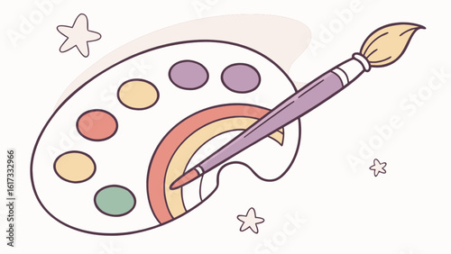 A whimsical illustration of an artists palette with a rainbow stripe and a paintbrush, surrounded by stars, representing creativity and artistic expression