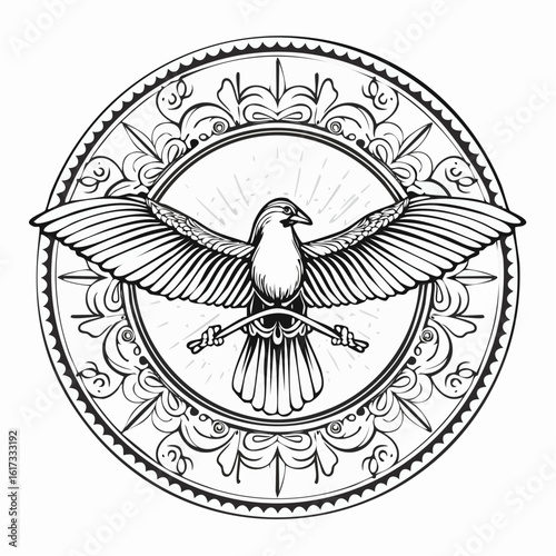 Sacred Bird of Peace: An artistic representation of a dove, embodying the spirit of peace and tranquility, depicted within an ornate circular frame.