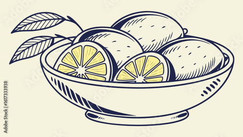 A vintagestyle illustration of lemons in a bowl, showcasing the freshness and natural beauty of citrus fruits in a retro aesthetic