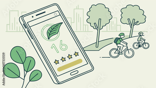 Smartphone displaying an eco score app with cyclists in a park, symbolizing sustainable urban living and environmental responsibility