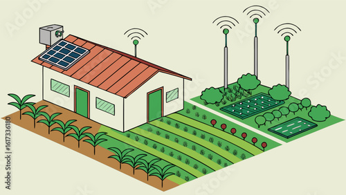 Smart agriculture illustration showing farming technology with iot, automation, sensors, and irrigation systems powered by solar panels for sustainable crop growth