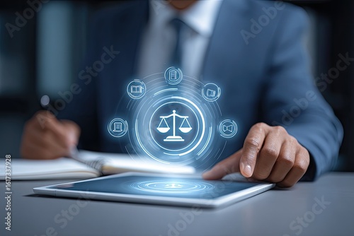 Businessman using a tablet with holographic legal icons
