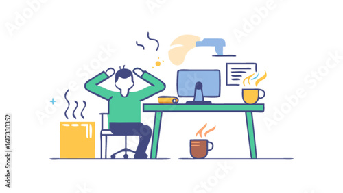 A stressed man with a headache sits at his desk in a state of burnout, feeling overworked and exhausted from the pressure of deadlines and job anxiety