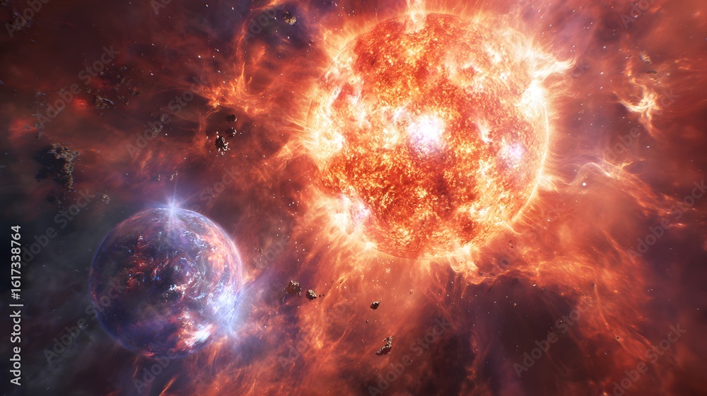 Fototapeta premium Celestial bodies in a fiery cosmic event.