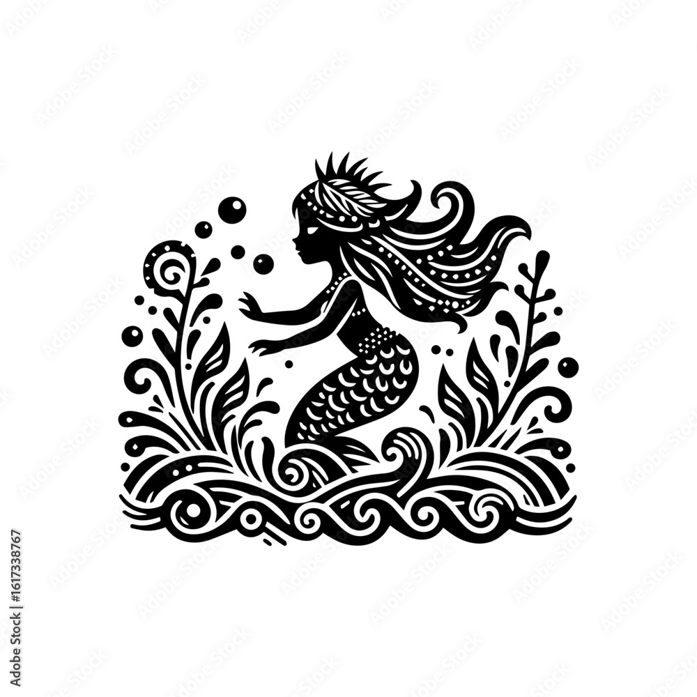 Obraz premium A small tribal mermaid waves from under the sea
