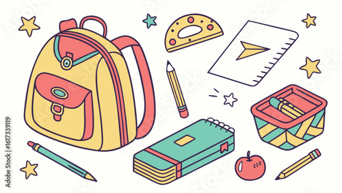 A colorful set of school supplies and stationery for education and learning, isolated on white background